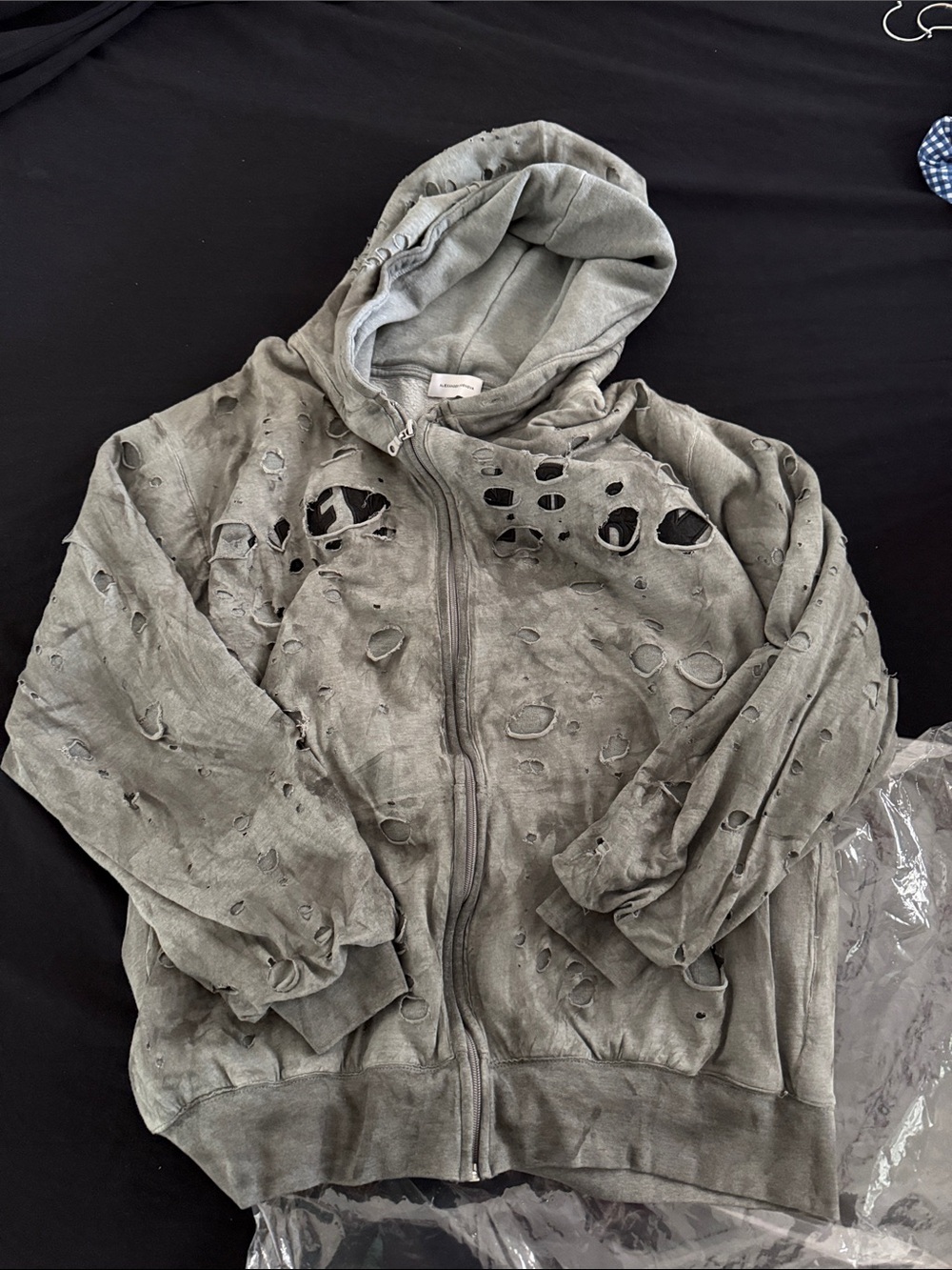 Washed Gray Distressed Holey Zip-Up Hoodie